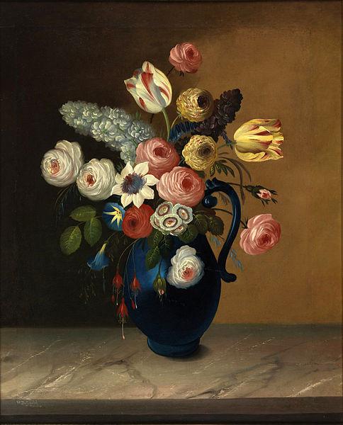 William Buelow Gould Still life, flowers in a blue jug oil on canvas painting by Van Diemonian (Tasmanian) artist and convict William Buelow Gould (1801 - 1853). oil painting picture